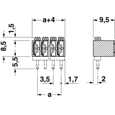 Technical drawing of an electrical connector with dimensions: width, height, and position of contact pins are specified.