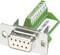 'Connector with a 9-pin socket and numbered green terminals, used for serial interfaces in electronic devices.'