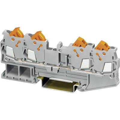Grey connector with three orange lever terminals, for electrical wiring.