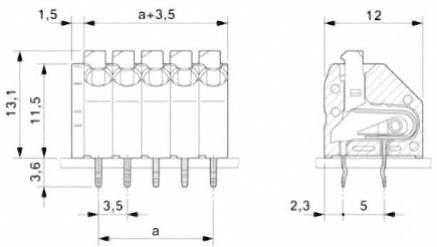 Technical drawing of a connector with dimensional specifications. Front and side views show details of size and design.