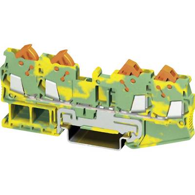 Yellow-green triple terminal block for secure connection of electrical lines. Suitable for industrial applications.