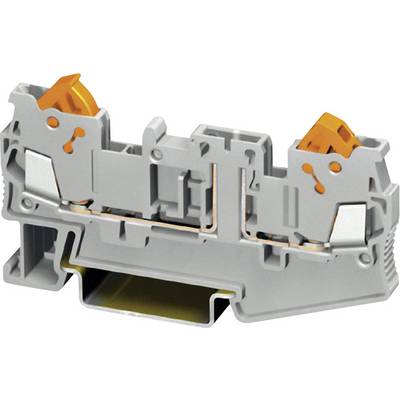 Grey electrical terminal block with orange levers, for securely connecting wires in electrical circuits.