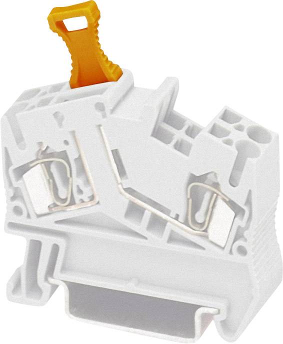 Electrical terminal block with an orange lever on top, for securing wires on a DIN rail.