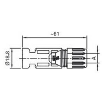 'Technical drawing' of a connector with dimensions of 61 mm length and 18.8 mm diameter. Markings with letters and measurements.