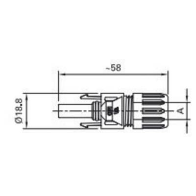 Technical drawing of a connector with length specifications: Total length approx. 58 mm, diameter 18.8 mm.