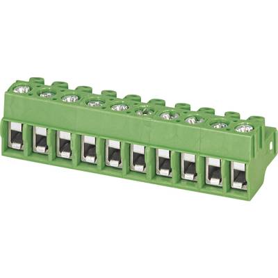 Green terminal block with ten connections in a single row, used for electrical connections in devices or control panels.