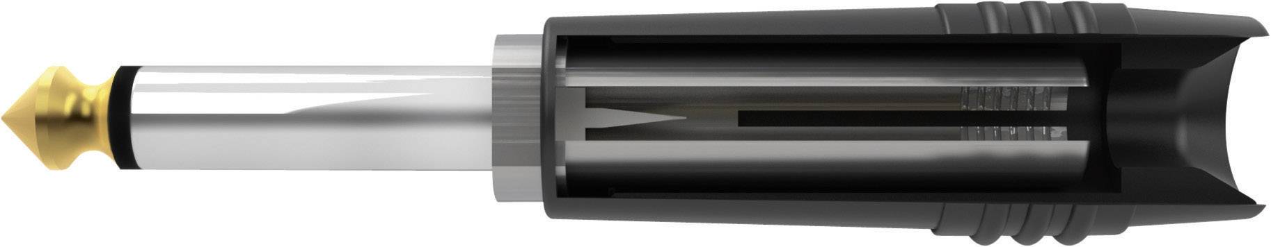 A black and silver metal plug with a golden tip, presumably an audio connector.