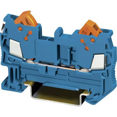Blue terminal block with orange clips and metal contact surfaces, used for securely connecting electrical wires.