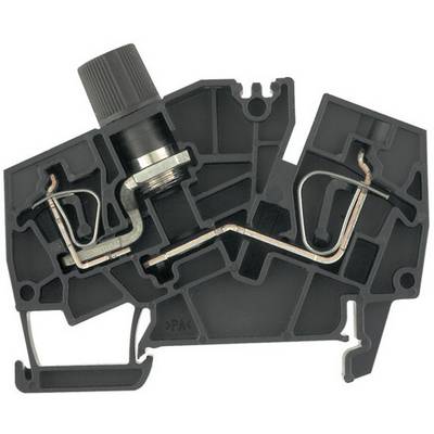 Cross-sectional view of an electrical terminal block with metal conductor tracks and a screw used for securing a cable.