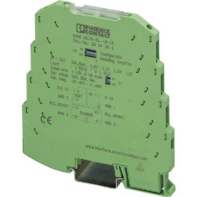 Green, configurable isolation amplifier device from Phoenix Contact with connections and technical specifications on the front panel.