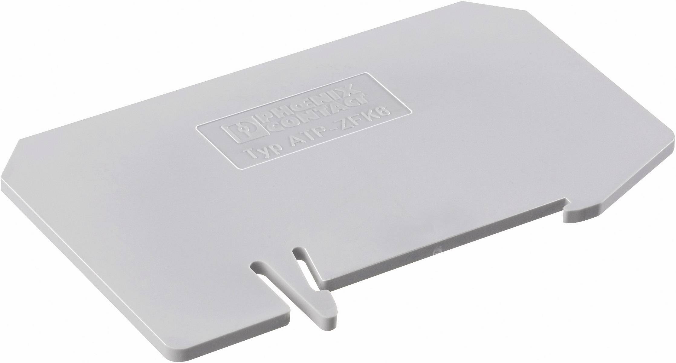 A rectangular grey plastic component with a cut-out and an embossed inscription in the centre, used as a cover or partition piece.
