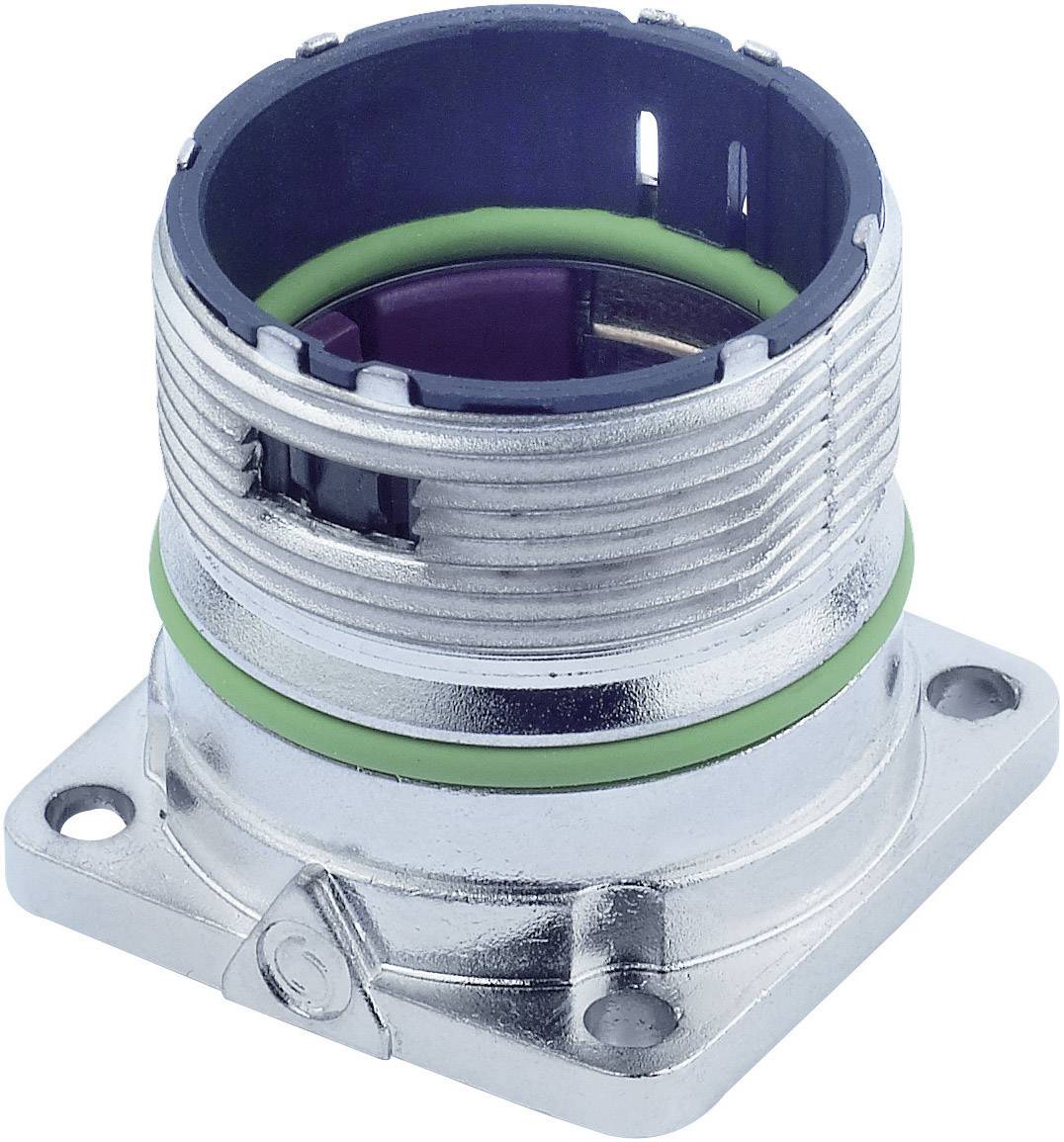 A silver, cylindrical metal connector with green and purple accents, mountable via four screw holes at the base.