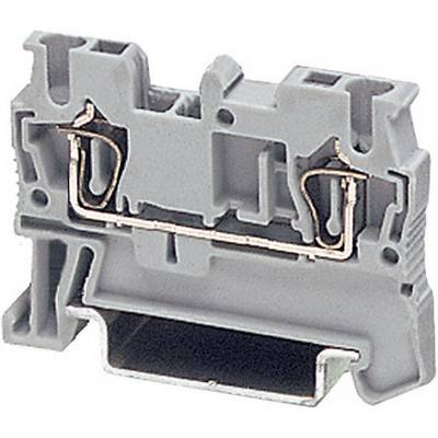 Grey electrical terminal block for DIN rail mounting, with spring-loaded terminal contacts for wiring; side view.