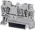 Grey electrical terminal block for DIN rail mounting, with spring-loaded terminal contacts for wiring; side view.