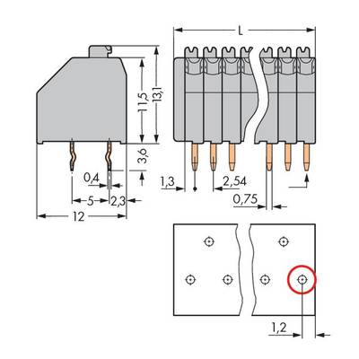 Technical drawing of an electronic connector with dimensions and drilling hole positions. Shows spacing and pin positions.