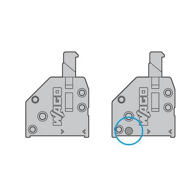 Two electrical switches, one on the right showing a blue circle around the lower contacts. Both switches have the 'WAGO' logo.