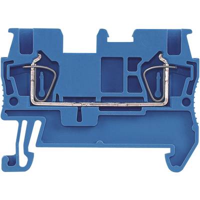 A blue electrical terminal block for mounting on a DIN rail, showing the internal metal contacts and connection points.