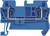 A blue electrical terminal block for mounting on a DIN rail, showing the internal metal contacts and connection points.