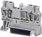 A grey electrical terminal block with metal connections, used for securely connecting electrical wires.