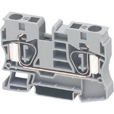 A grey electrical terminal block with side openings and metal elements for securing wires.