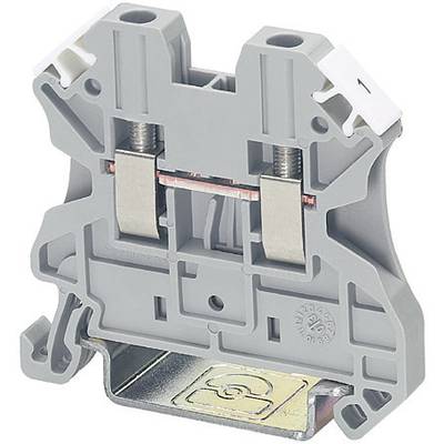 Grey, two-stage electrical terminal block with two screw terminals, mounted on a metal rail.