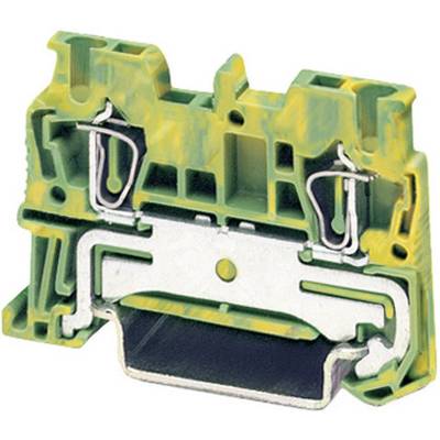 A yellow-green terminal block made of thermoplastic with a metal clamp. Used for securely connecting electrical wires.