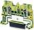 A yellow-green terminal block made of thermoplastic with a metal clamp. Used for securely connecting electrical wires.