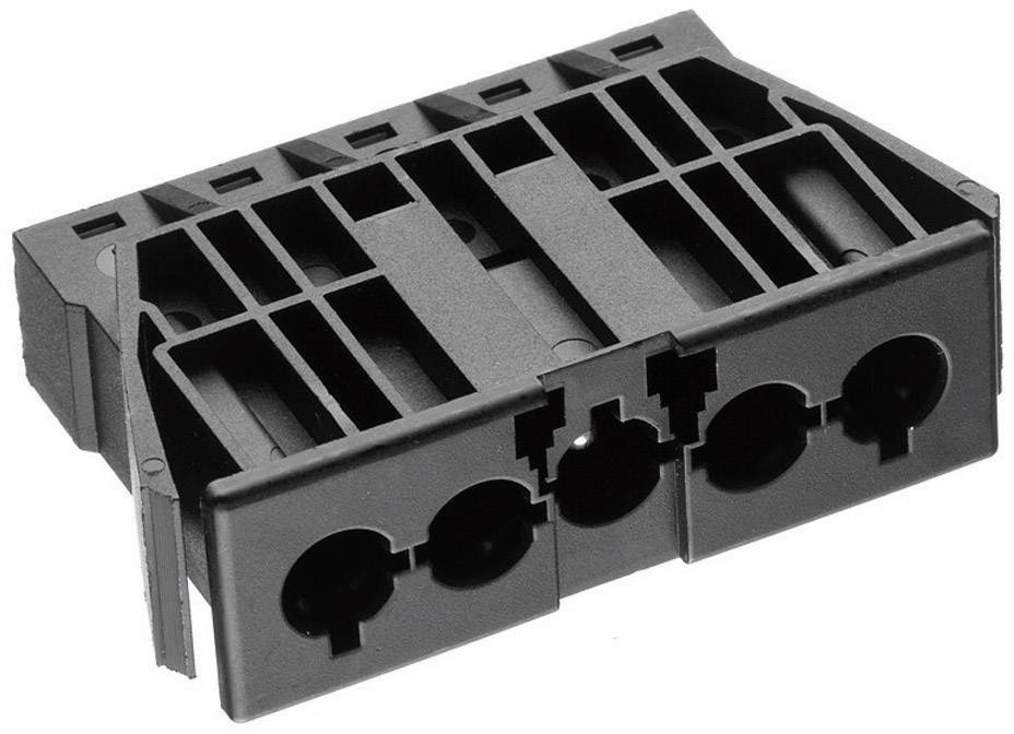 A black, rectangular plastic plug with multiple square and round connection openings.