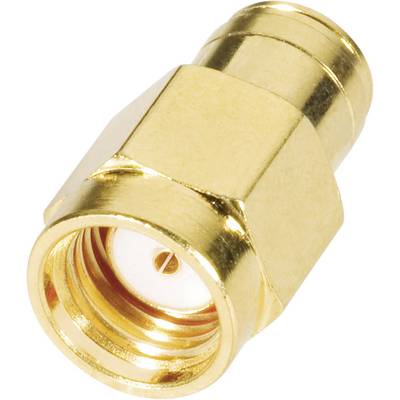 A golden adapter for coaxial connectors, commonly used in RF and microwave applications.