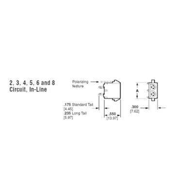 'Circuit 2, 3, 4, 5, 6 and 8, Inline.' Diagram shows: Polarisation, Standard and Long Pins, Dimensions A and 0.300 inches.