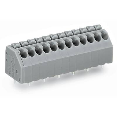 A grey, electrically pluggable terminal block with multiple connections for electronic devices or circuits.
