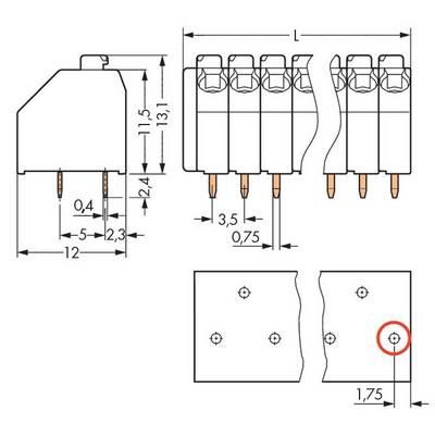 Dimensional drawing of a 6-pin connector with detailed measurements in millimetres, and a drill template located bottom right.