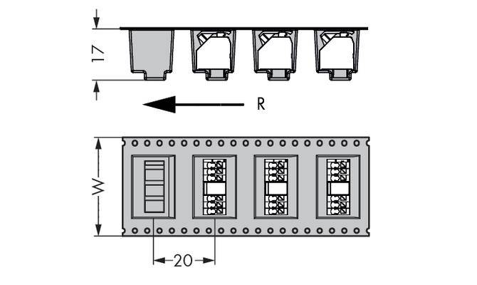 Technical drawing of an electrical connector with dimensions: width 17 mm, contact spacing 20 mm. Shows housing and contacts.