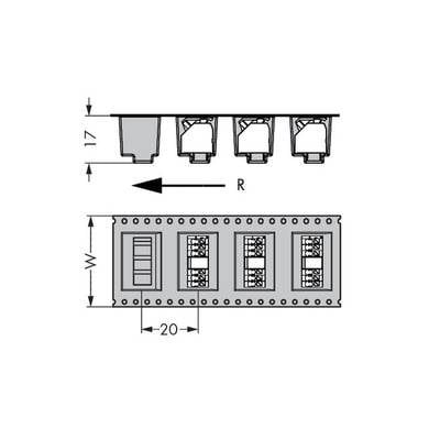 Technical drawing of an electrical connector with dimensions: width 17 mm, contact spacing 20 mm. Shows housing and contacts.