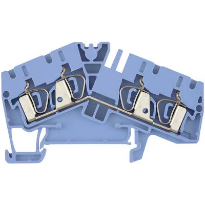 Blue electrical terminal block with metal connections in the centre, used for secure wire connections in electrical control cabinets.