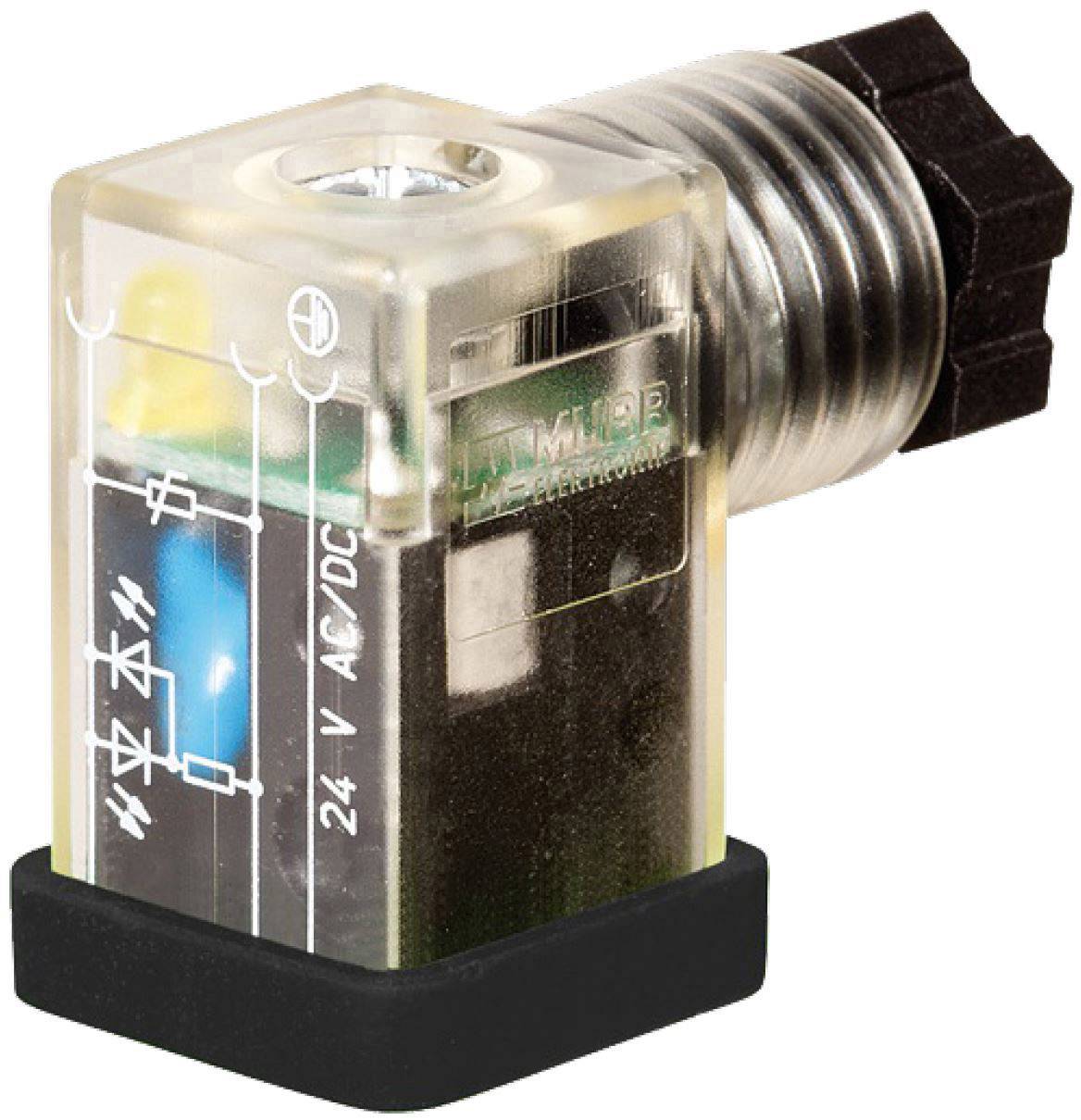 Electromagnetic valve with transparent cover, showing internal circuit boards and suitable for 24 V AC/DC input voltage.