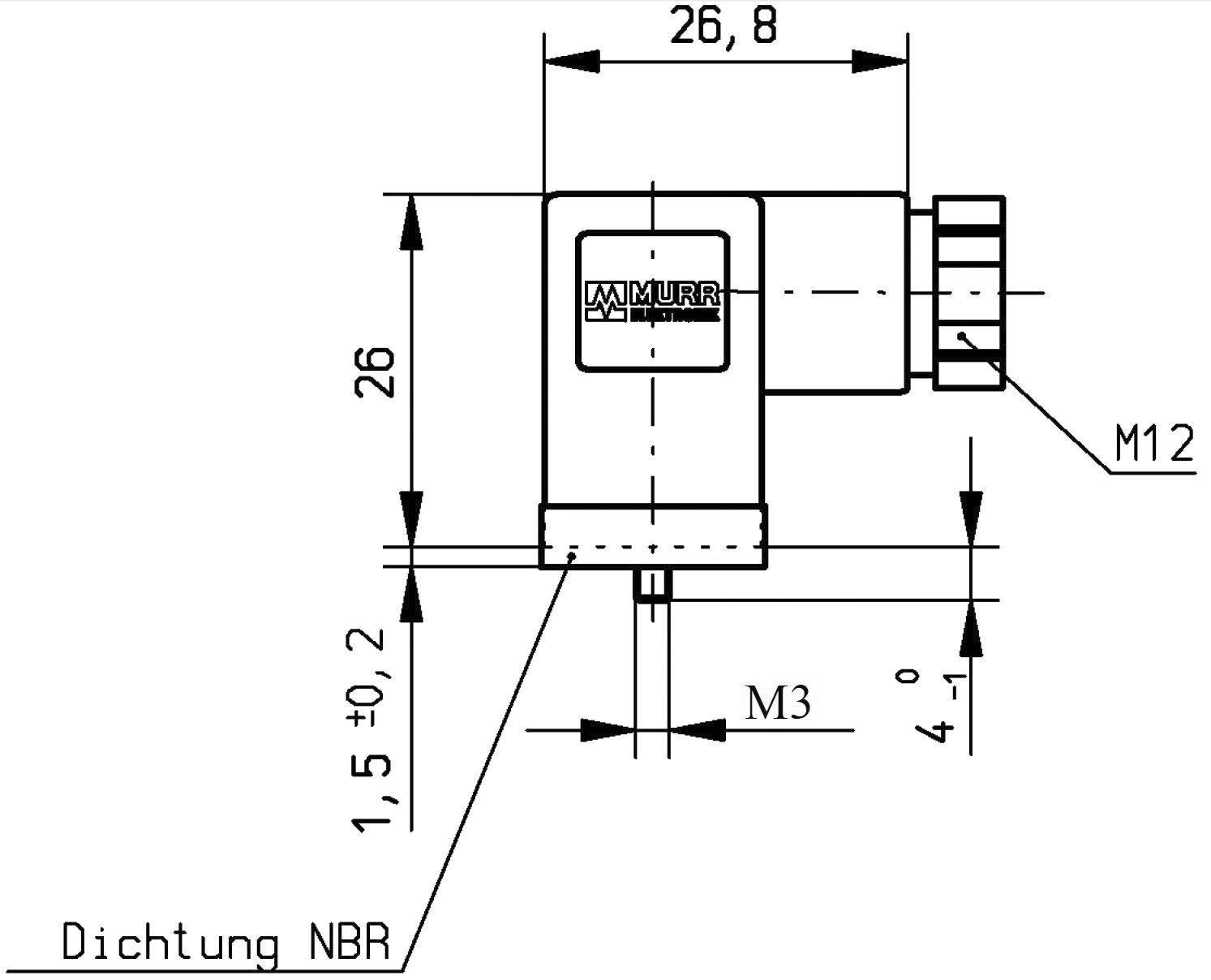 Technical drawing of a rectangular plug with dimensions: Width 26.8 mm, Height 26 mm. Connections M12 and M3. Text: 'Seal NBR'.
