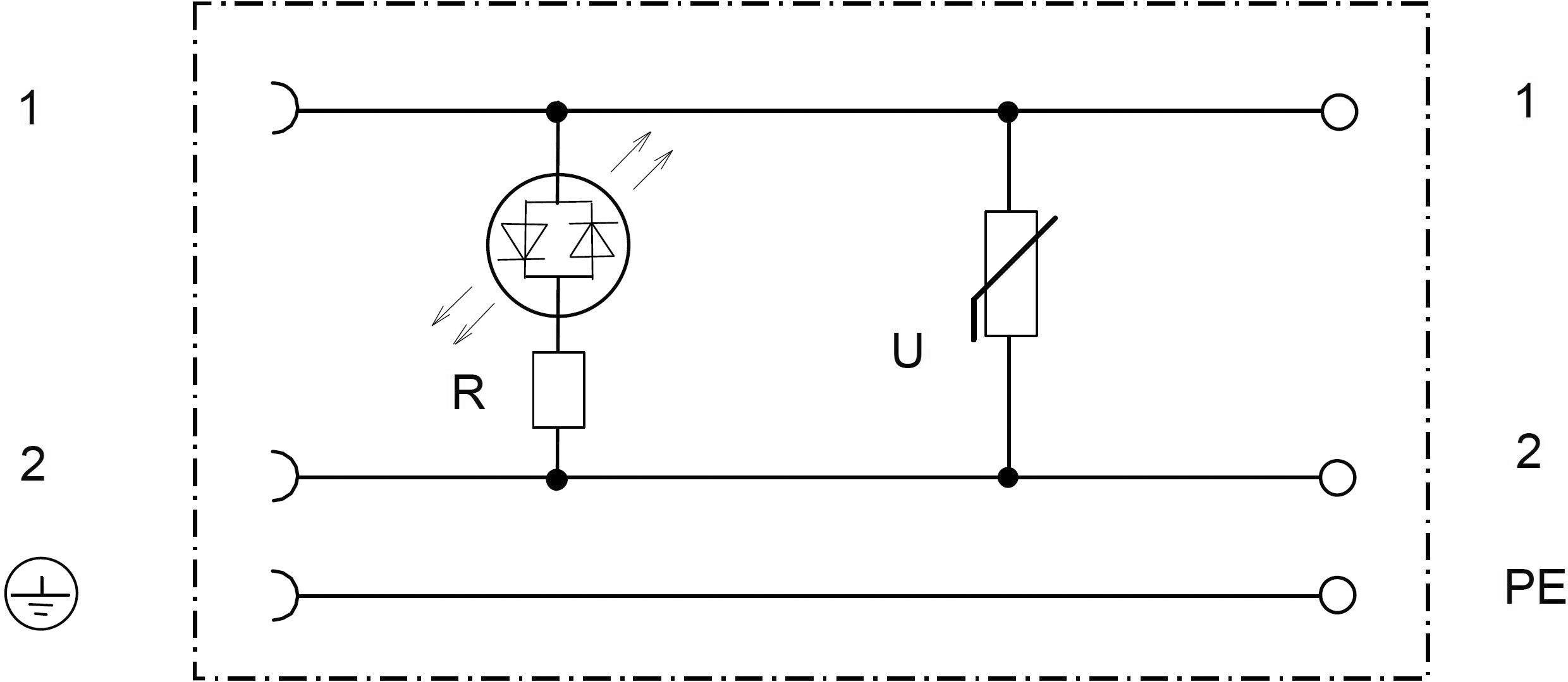 Circuit diagram of an electrical circuit with resistor (R) and voltage source (U). Earthing symbol bottom left.