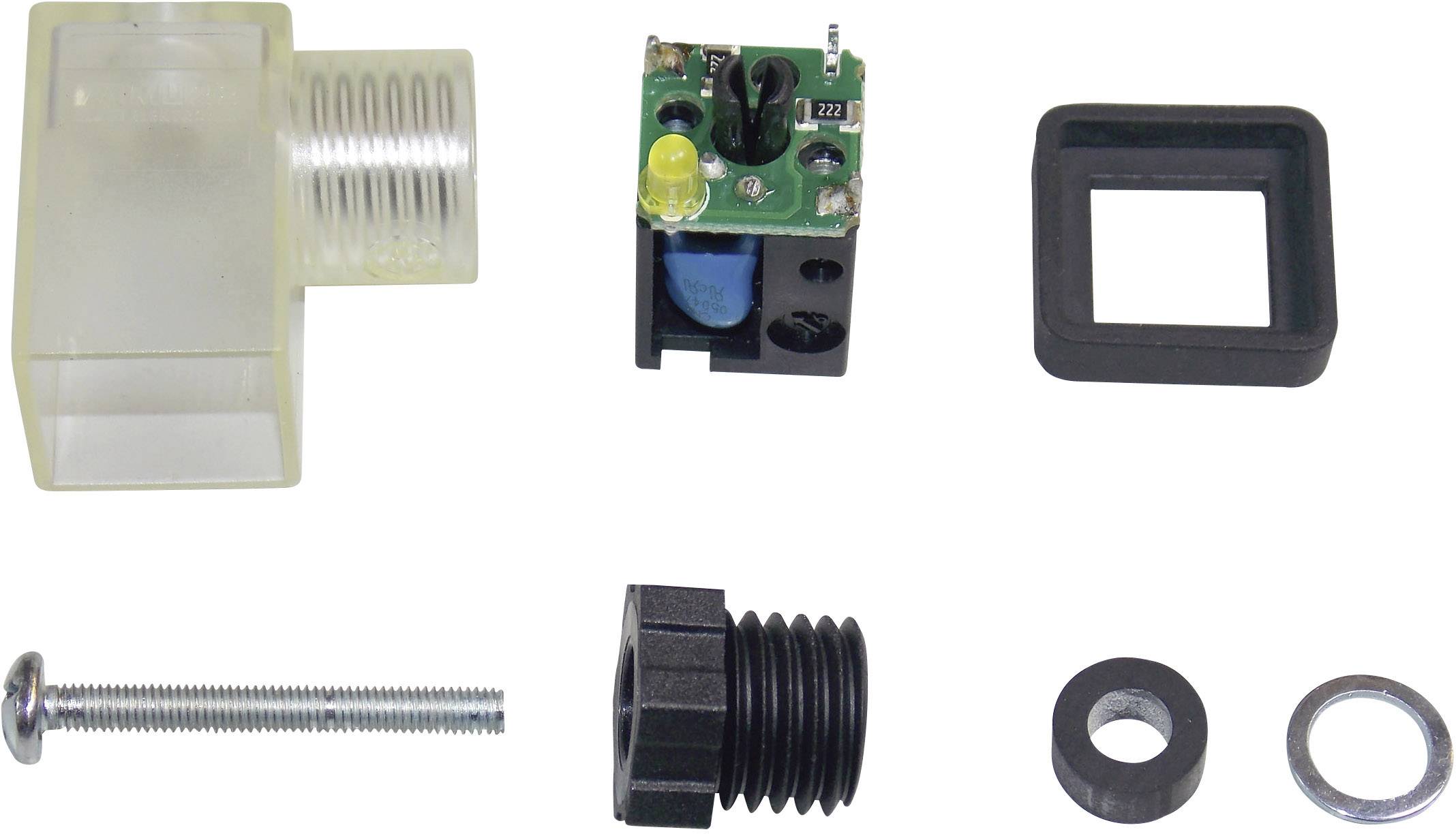 Components of an electrical connector: housing, circuit board, seal, screw, socket and washers.