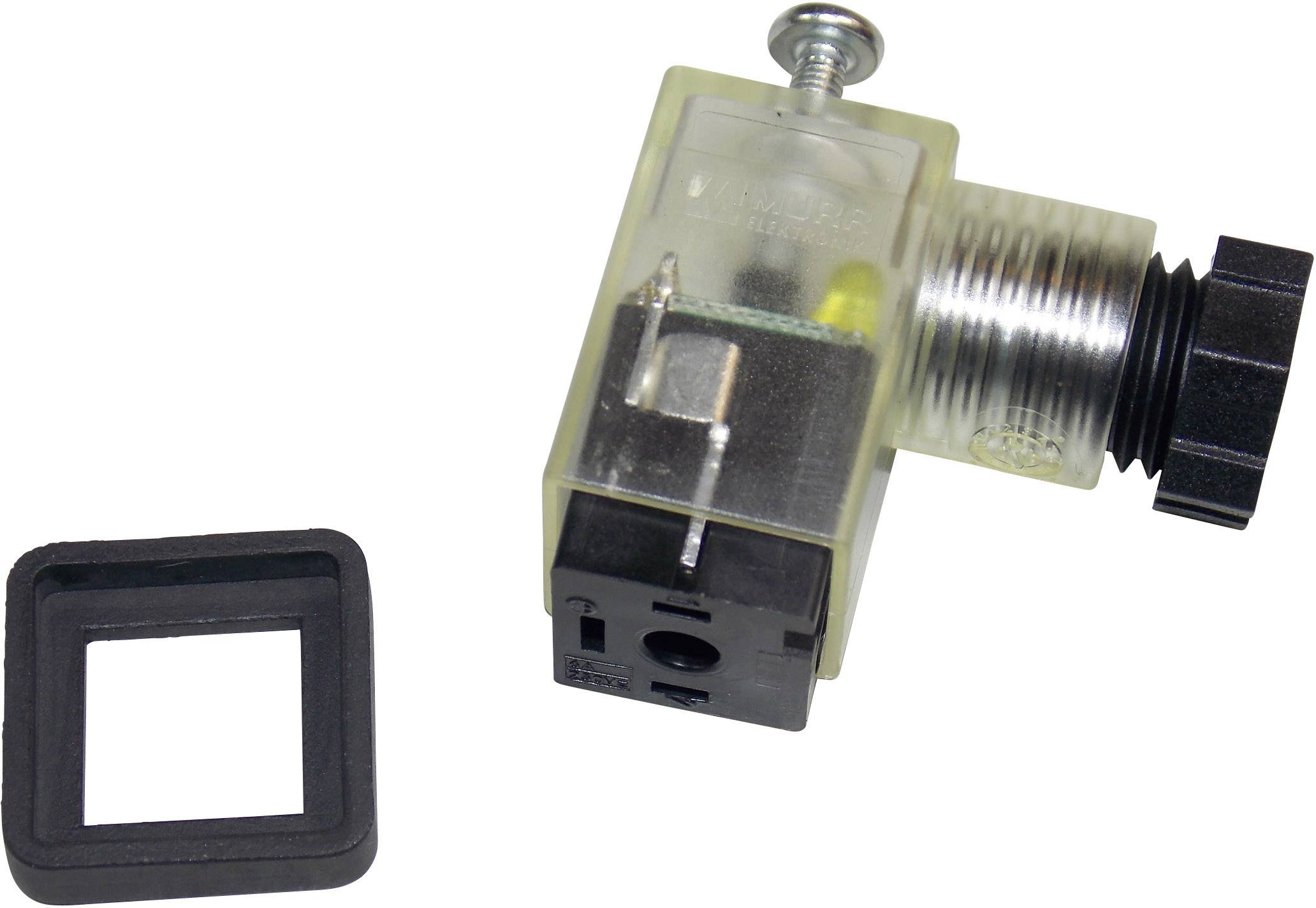 A right-angled plastic connector with a screw and seal, likely part of an electrical or mechanical device.