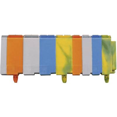 Colourful storage box with vertical stripes in various colours, including orange, blue, grey, and yellow-green, arranged in a row.