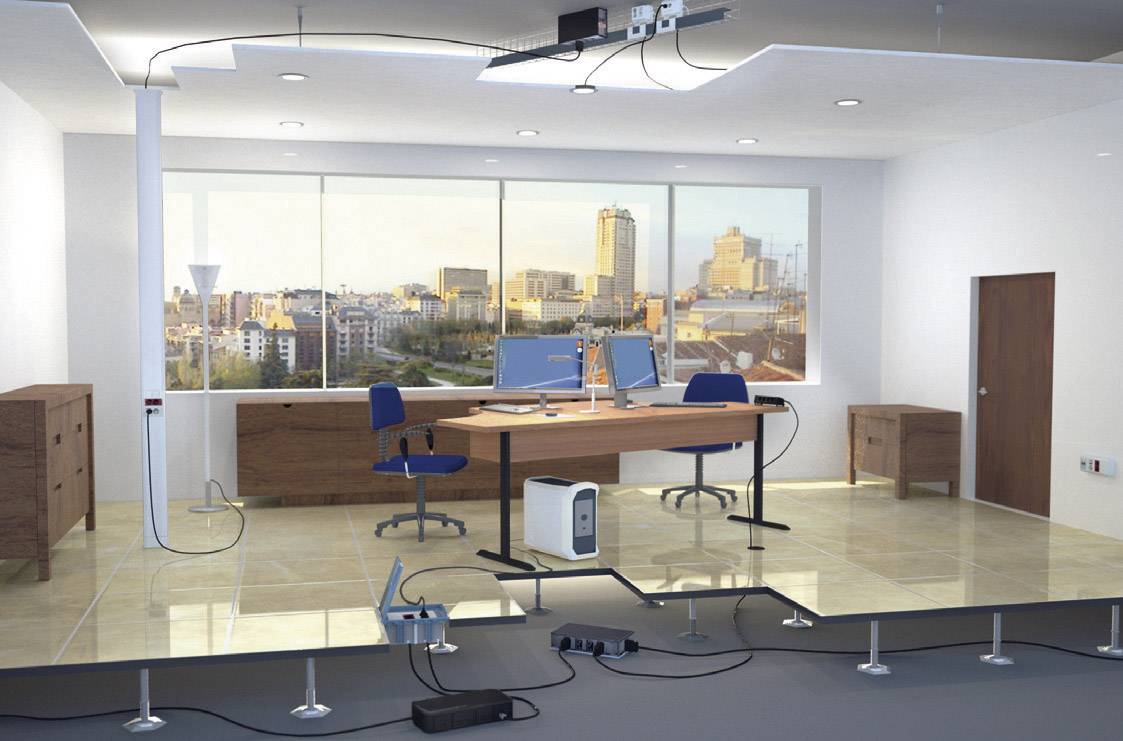 Cross-section of a modern office with a raised access floor. Office furniture and equipment on the surface, with cabling and technical infrastructure beneath.