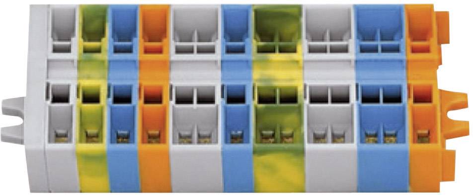Terminals with multiple coloured connections in blue, yellow, and orange, suitable for electrical use in distribution systems.