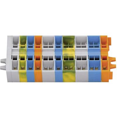 Terminals with multiple coloured connections in blue, yellow, and orange, suitable for electrical use in distribution systems.
