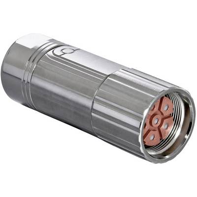 A silver connector with a red plastic coupling. Suitable for industrial applications and reliable electrical connections.