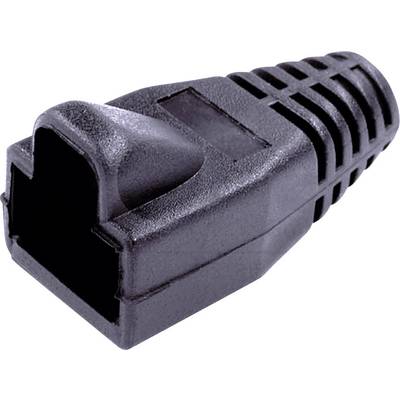 Black, angled cable cover with ribbed structure and square opening, used for protecting cable connections.