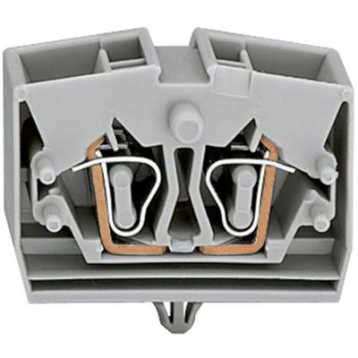 Grey, rectangular electrical connector with two parallel metal terminals and a plastic housing.