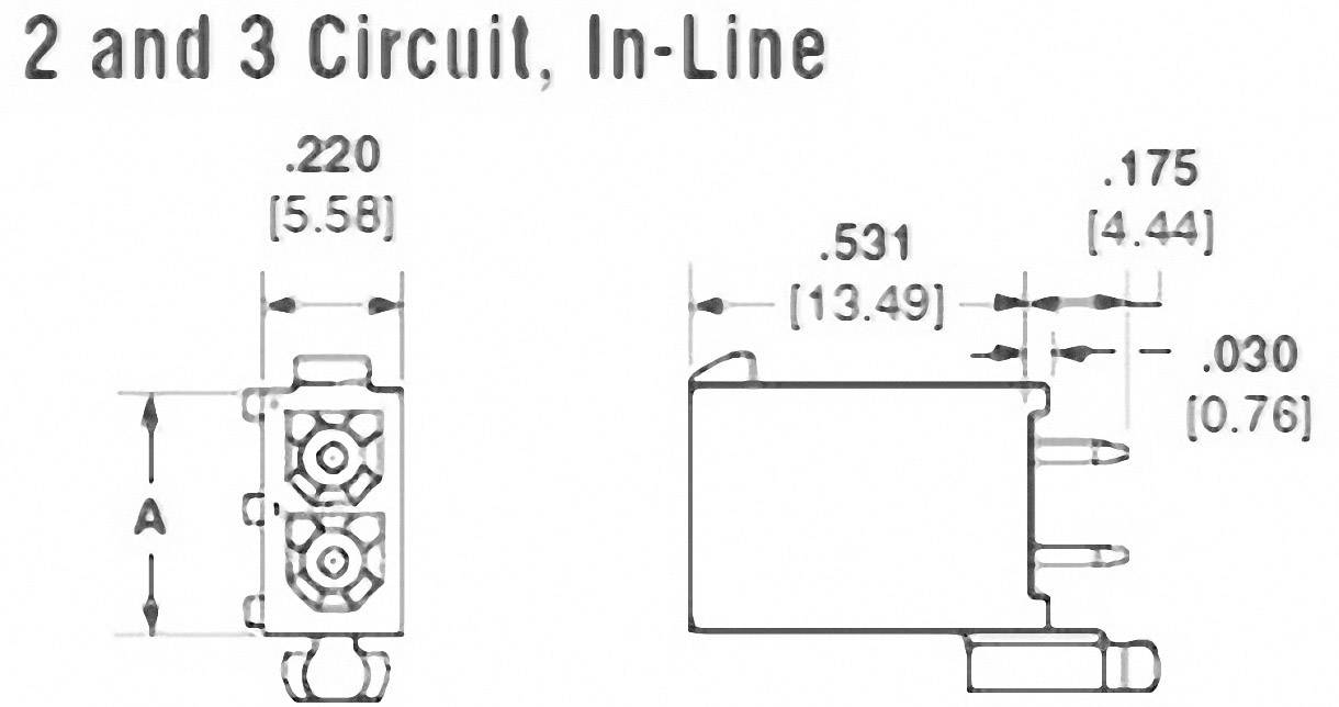Technical drawing of an inline connector for 2 and 3 electrical circuits. Includes dimensions in inches and millimetres.