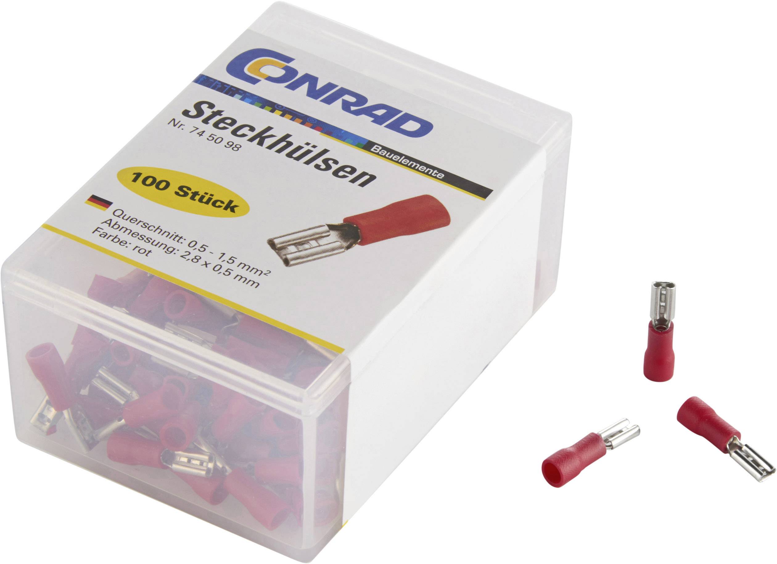 A transparent box with red insulated crimp connectors. Label: 'CONRAD Crimp Connectors 100 Pieces, Cross-section 0.5 - 1.5 mm², Red'.