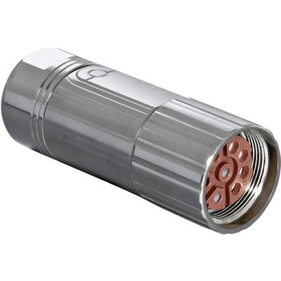 A cylindrical connector with a metallic housing and red-coloured inner contact points.
